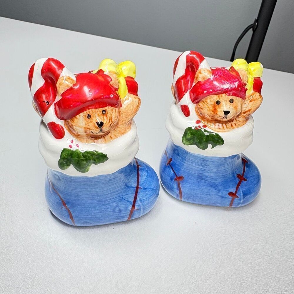 Vintage Christmas Teddy Bear Stocking Figurines – Hand Painted Holiday Decor (Se